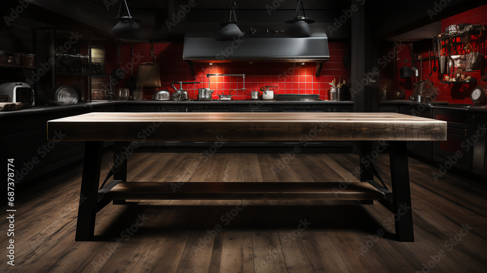 Empty Table Inside Shack Kitchen Table in empty room with large windows - snow on mountains in ...