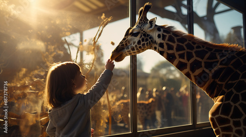 Young child reading out to a giraffe at the zoo. Concept of Curiosity, Animal Connection.