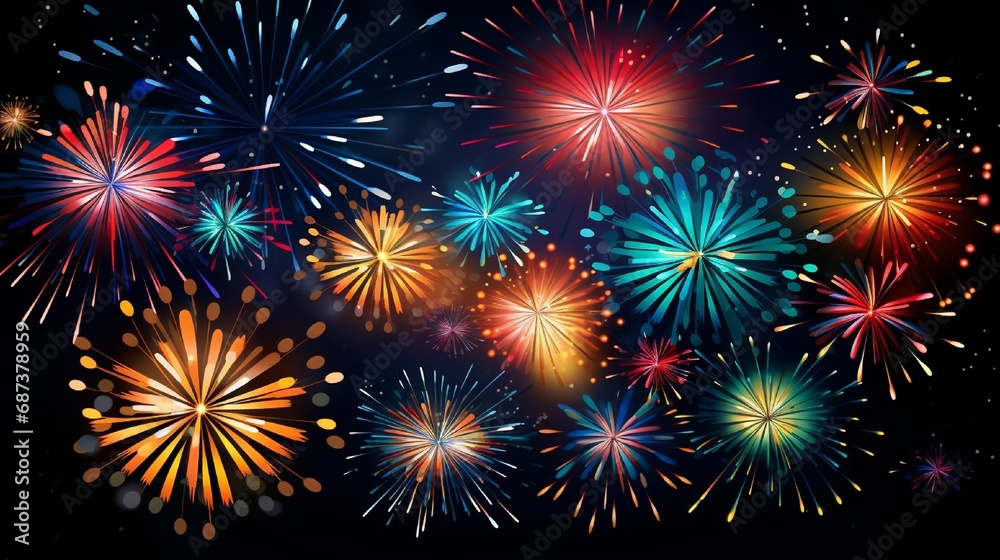 Naklejka premium Holiday fireworks on dark background. Vector illustration