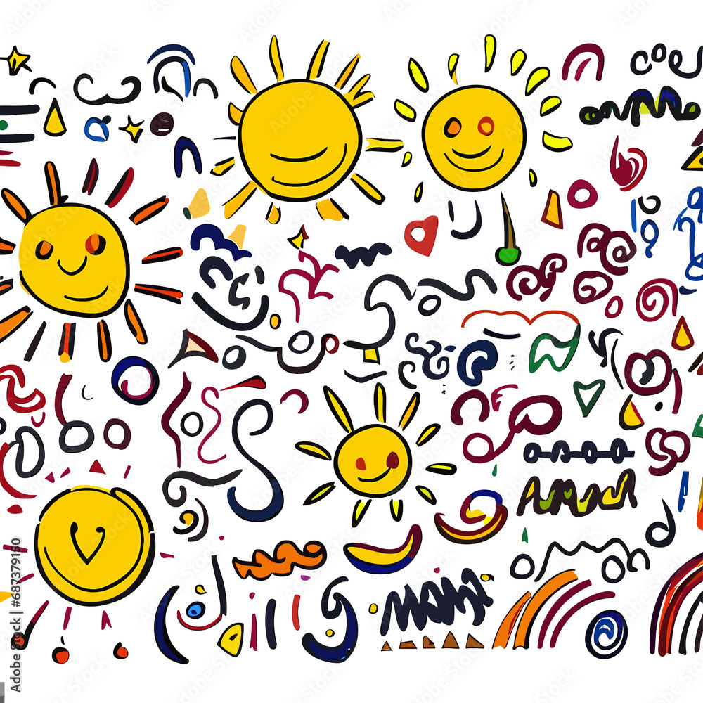 Explore the playful side of the sun with an illustration showcasing children's creative drawings, turning the sun into a canvas of colorful patterns and cheerful rays.
