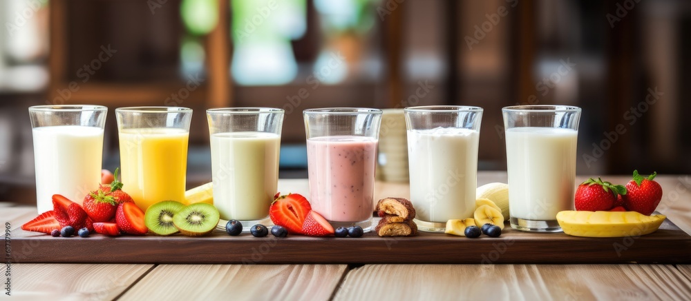 Assorted protein cocktails with fresh fruits and fresh milk drinks on wooden table. Assorted protein cocktails with fresh fruits and fresh milk drinks on wooden table.