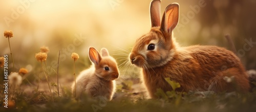 Brown bunny with mother.