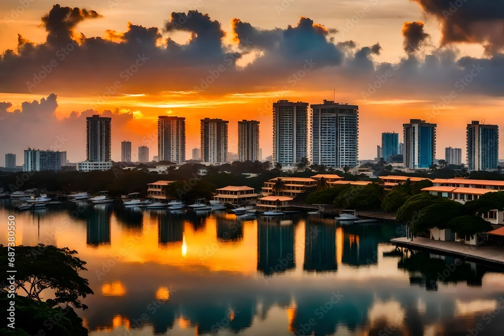 A mesmerizing view of the city of Male during sunset, the warm hues painting the skyline, modern buildings reflecting the fading sunlight