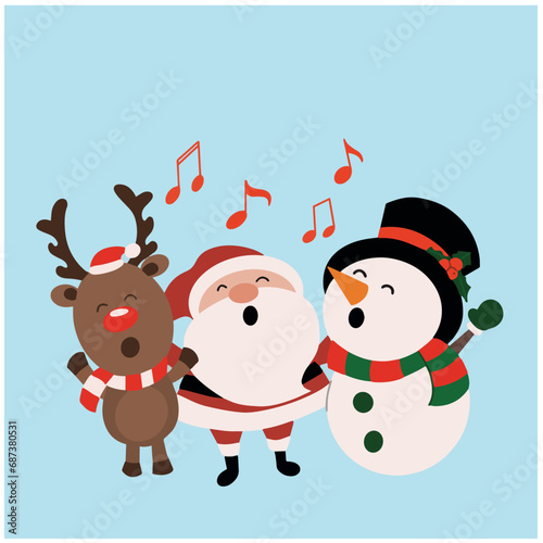 Illustration of cute and happy santa reindeer and snowman singing christmas song winter hand drawing
