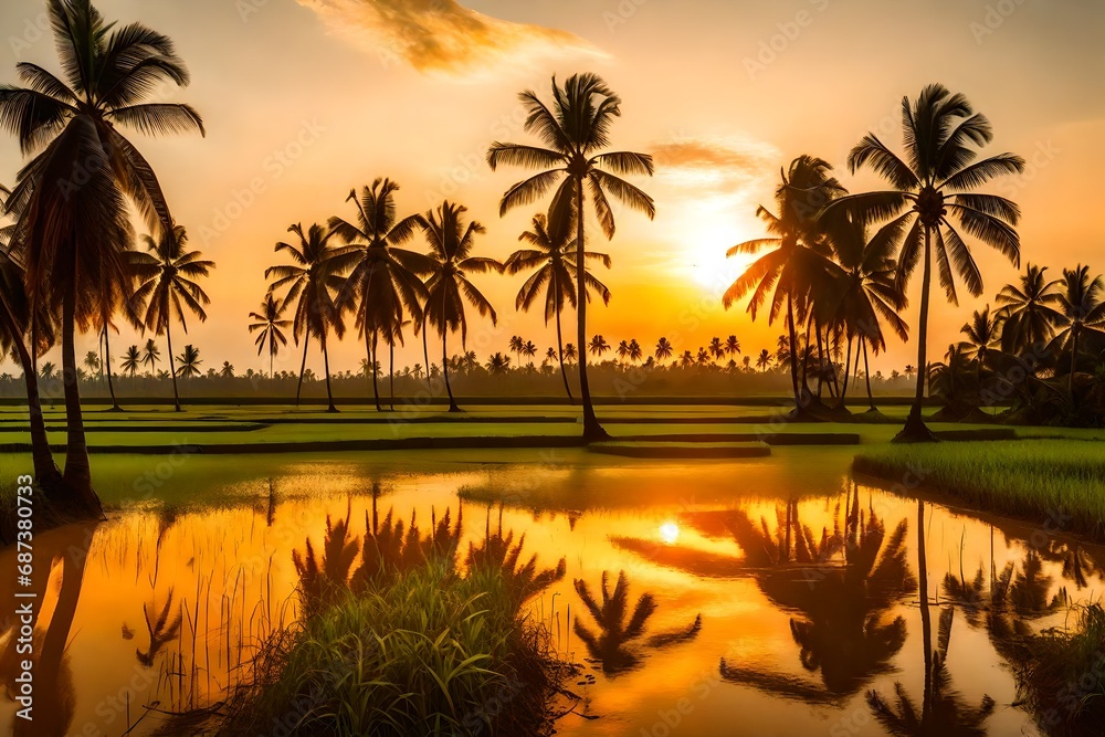 Vast paddy fields stretching endlessly, coconut trees standing tall against the horizon, bathed in the warm hues of the setting sun, creating a serene rural landscape