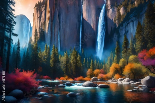 A surreal interpretation of El Capitan and Bridal Veil Falls, surrounded by an otherworldly glow, the landscape transformed into a fantastical realm where reality merges with dreams, Illustration