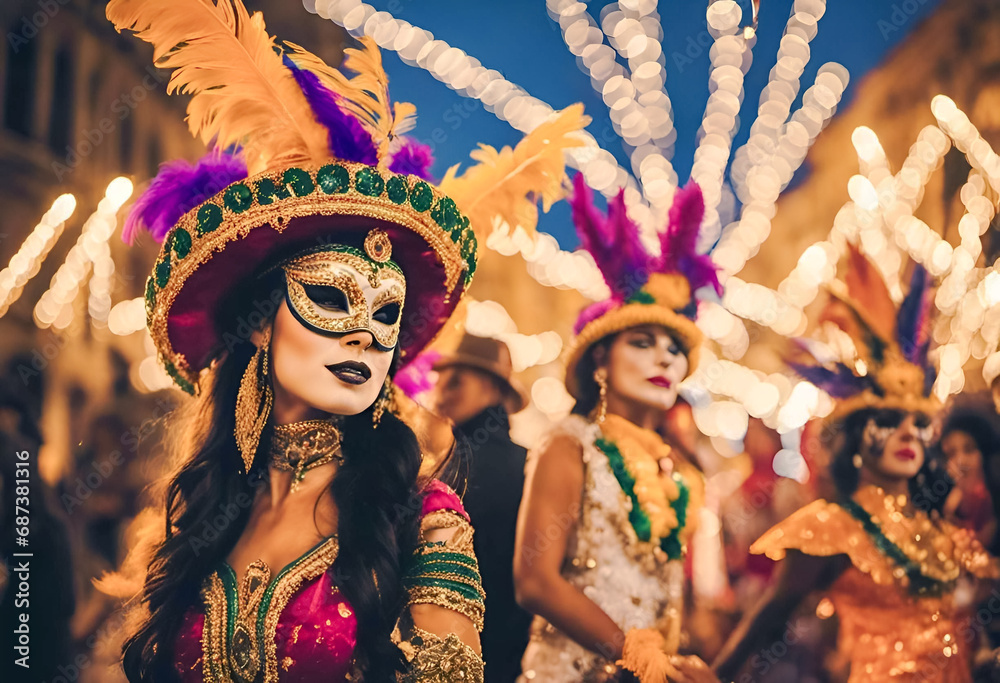 Vibrant carnival parade with people in colorful costumes and feathered masks, festive atmosphere.