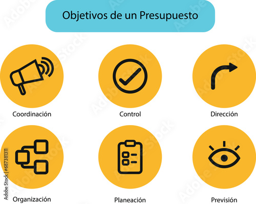 Budget objective icons, direction icon, forecast icon, organization icon, control icon.