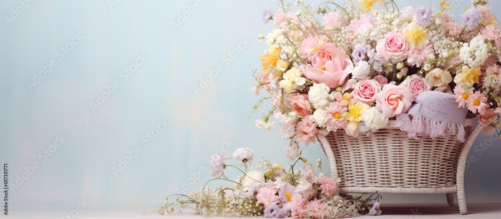 A lovely arrangement of pastel flowers on a wicker chair. - obrazy, fototapety, plakaty 
