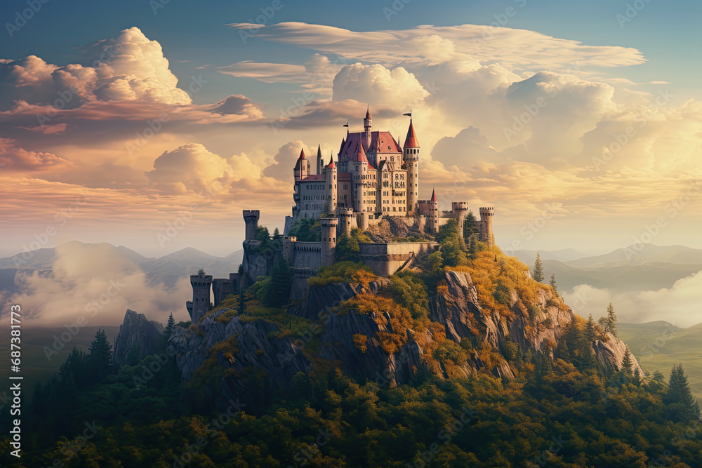 castle at the hill of a scenic landscape. majestic castle perched. fantasy landscape with ancient castle - obrazy, fototapety, plakaty 