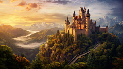 Rideaux Beige castle at the hill of a scenic landscape. majestic castle perched. fantasy landscape with ancient castle  © Rangga Bimantara