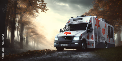 Mobilizing Hope: Exploring the Vital Significance of a White Ambulance Adorned with a Red Cross Emblem photo