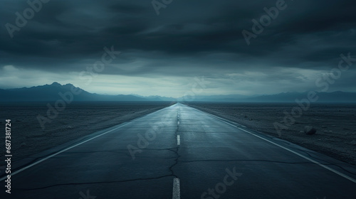 panoramic view of the empty highway with fog. empty road in the country near stormy weather