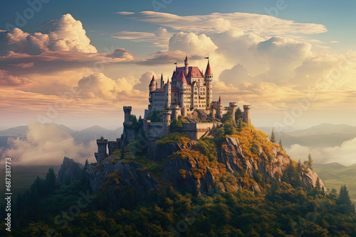 castle at the hill of a scenic landscape. majestic castle perched. fantasy landscape with ancient castle