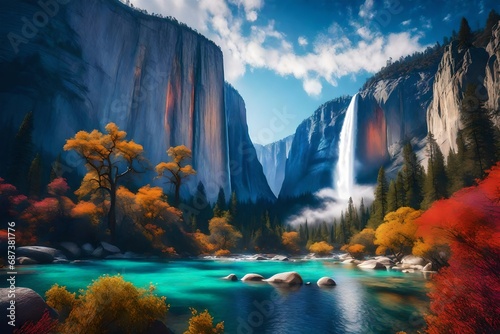 A surreal interpretation of El Capitan and Bridal Veil Falls, surrounded by an otherworldly glow, the landscape transformed into a fantastical realm where reality merges with dreams, Illustration photo