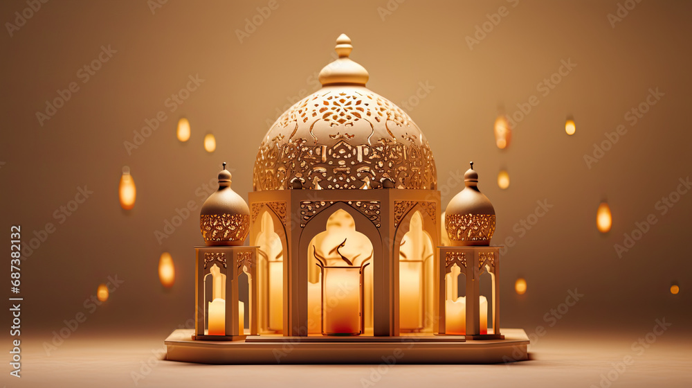 gold ramadan lantern and candles. lamp with arabic decoration. concept for islamic celebration day ramadan kareem. - obrazy, fototapety, plakaty 