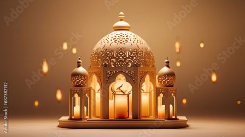 gold ramadan lantern and candles. lamp with arabic decoration. concept for islamic celebration day ramadan kareem.