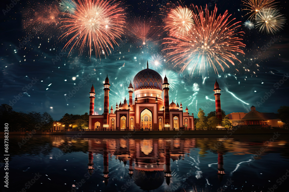 night islamic mosque and fireworks in the sky. new year fireworks display over the mosque