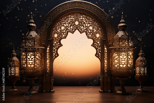 ornate ramadan lantern and an ornamental frame. lamp with arabic decoration. concept for islamic celebration day ramadan kareem. photo