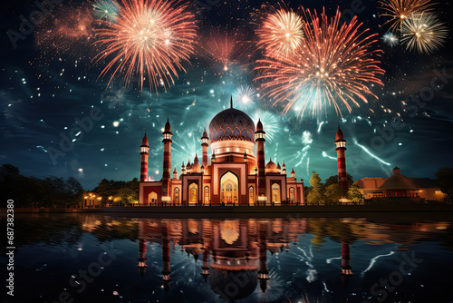 night islamic mosque and fireworks in the sky. new year fireworks display over the mosque