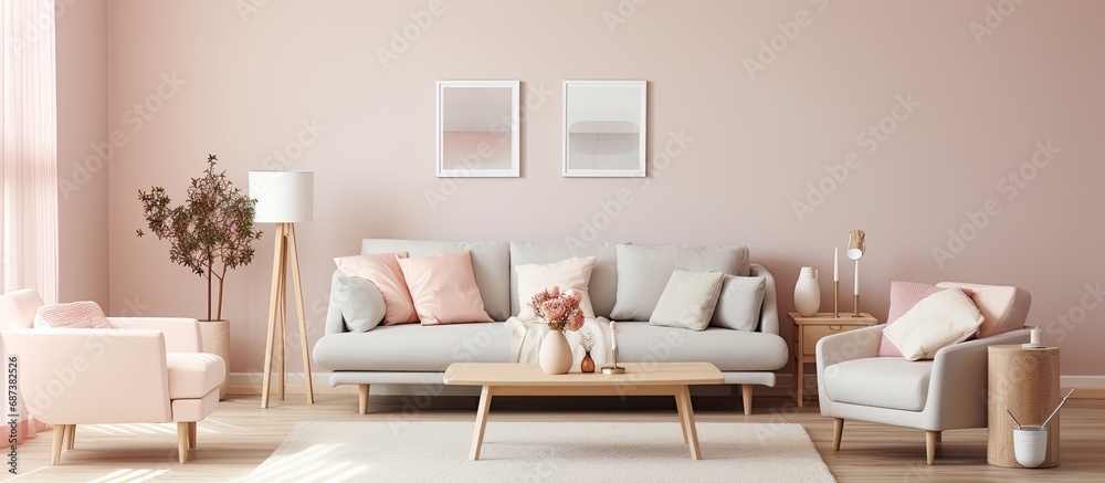 Nordic-themed living room with a stylish sofa, small table, candles, and pastel pillows.