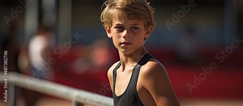 Young boy in athletic attire getting ready for a running competition. photo
