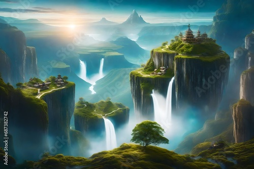 A surreal portrayal of the Avalon Peninsula with floating islands in the sky  waterfalls cascading from these ethereal landmasses