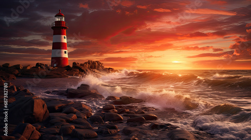 lighthouse in the ocean at sunset photo