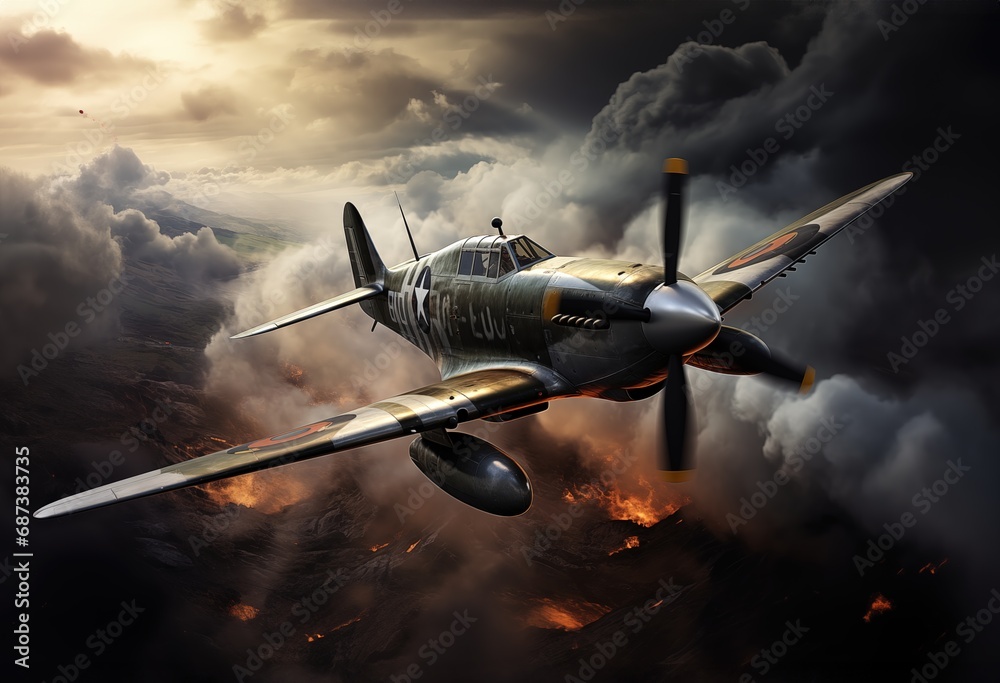 Naklejka premium Supermarine Spitfire in clouds side view