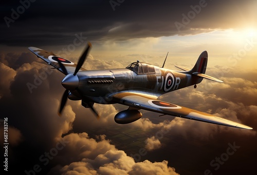 Supermarine Spitfire in clouds side view