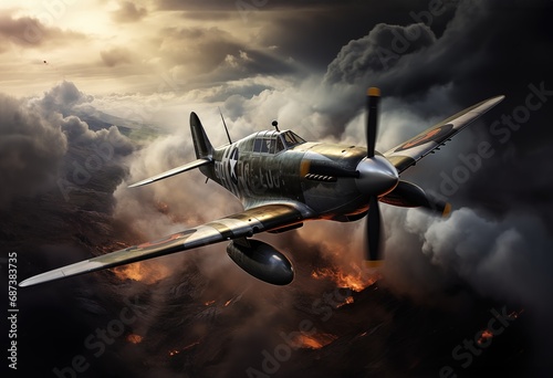 Supermarine Spitfire in clouds side view