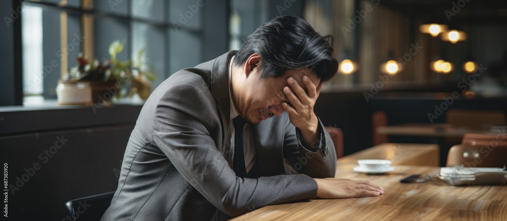 Obraz premium Asian office worker suffering from food poisoning experiences intense stomach pain, grimacing in discomfort.