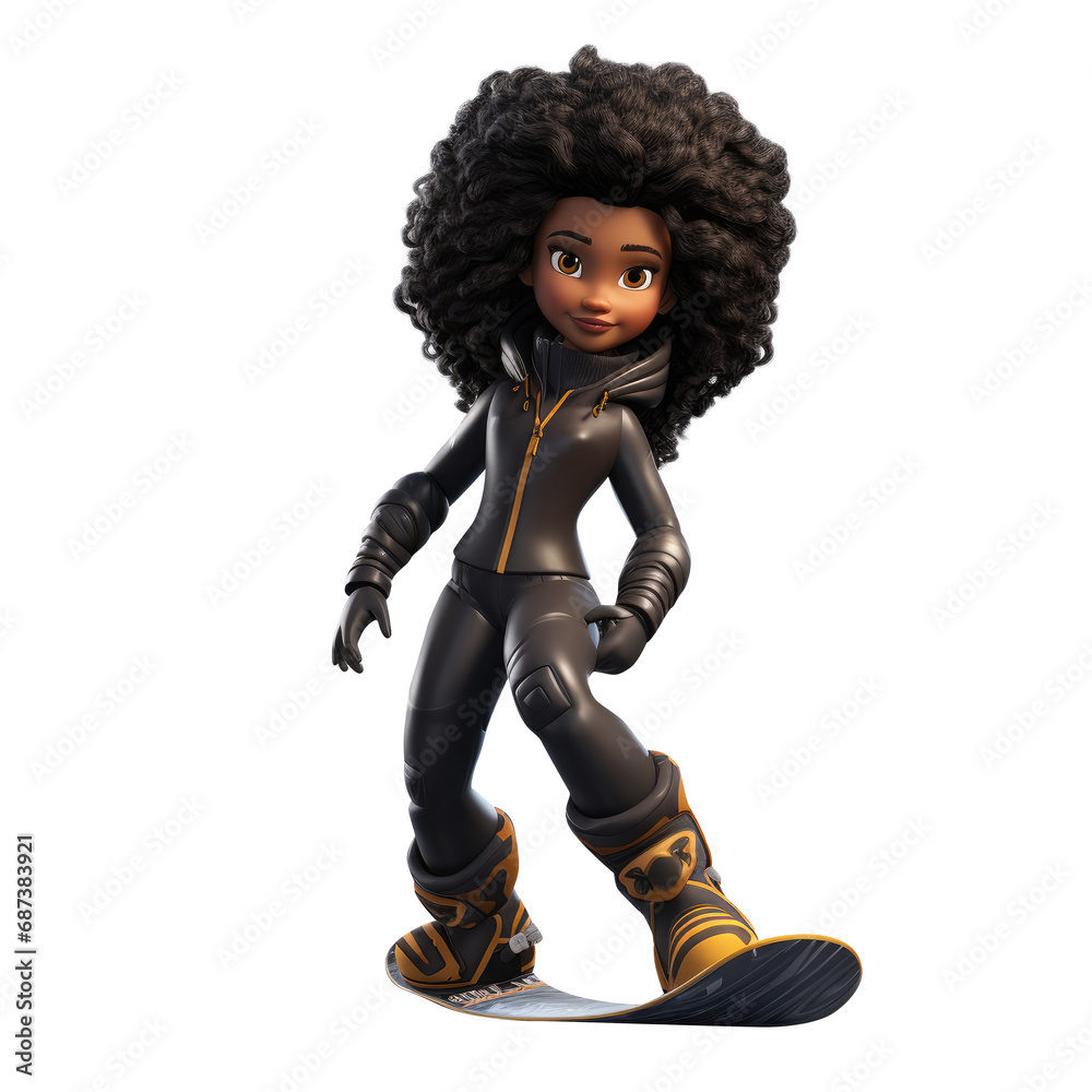 3D cartoon character cute afro young woman Snowboarders Action Sport Athletes Player, Full body isolated on white and transparent background 3D cartoon character cute afro young woman Snowboarders Action Sport Athletes Player, Full body isolated on white and transparent background