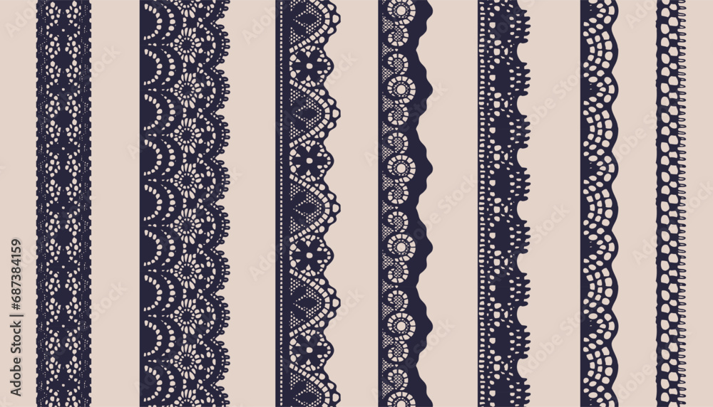 A set of seven dark-colored lace borders with different pattern styles. - obrazy, fototapety, plakaty 