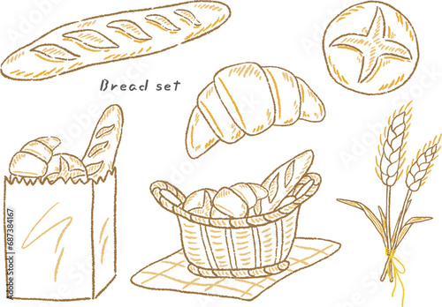 French bread, baguette, croissant and wheat, bread in a basket, hand drawn cute line drawing illustration set / フランスパンとクロワッサンと小麦、かごに入ったパン、手描きのかわいい線画イラストセット
