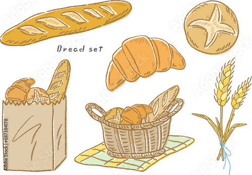 French bread, baguette, croissant and wheat, bread in a basket, hand drawn cute illustration set / フランスパンとクロワッサンと小麦、かごに入ったパン、手描きのかわいいイラストセット