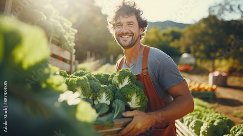 man farmer with fresh vegetables, cabbage harvest, natural selection, organic, harvest season, agricultural business owner, young smart framing, healthy lifestyle, farm and garden direct, non toxic photo