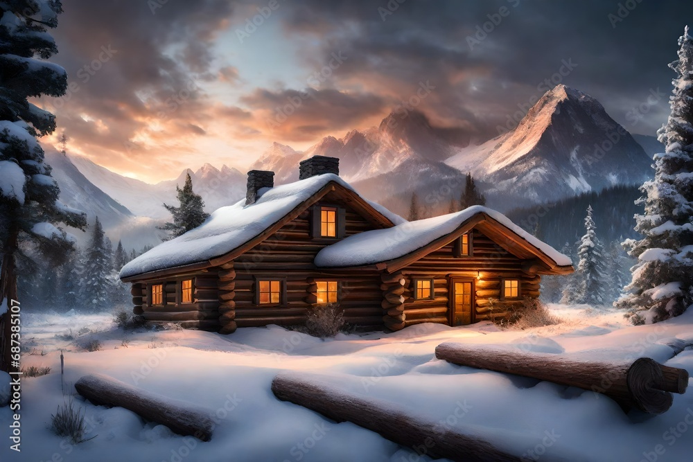 A cozy log cabin with smoke gently rising from the chimney, nestled in a snowy valley.