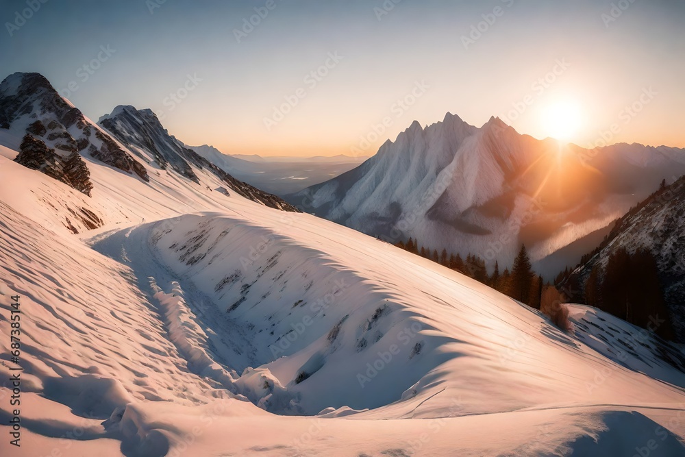 A mountain peak bathed in the soft hues of a winter sunset, casting long shadows.