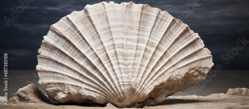 A fossilized scallop in limestone