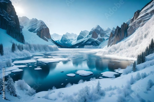 A frozen river winding through a snowy valley, surrounded by majestic mountains.