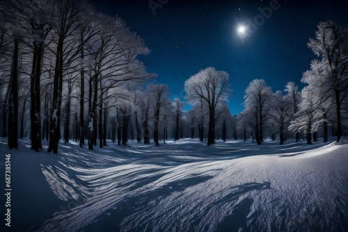 A moonlit snowscape, with shadows cast by tall trees creating a mesmerizing pattern.