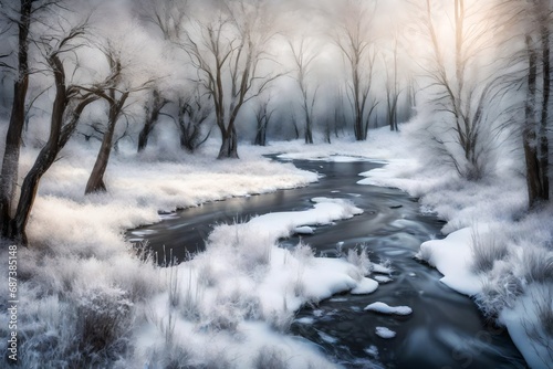 A frozen stream winding its way through a snowy meadow, surrounded by frosted trees.