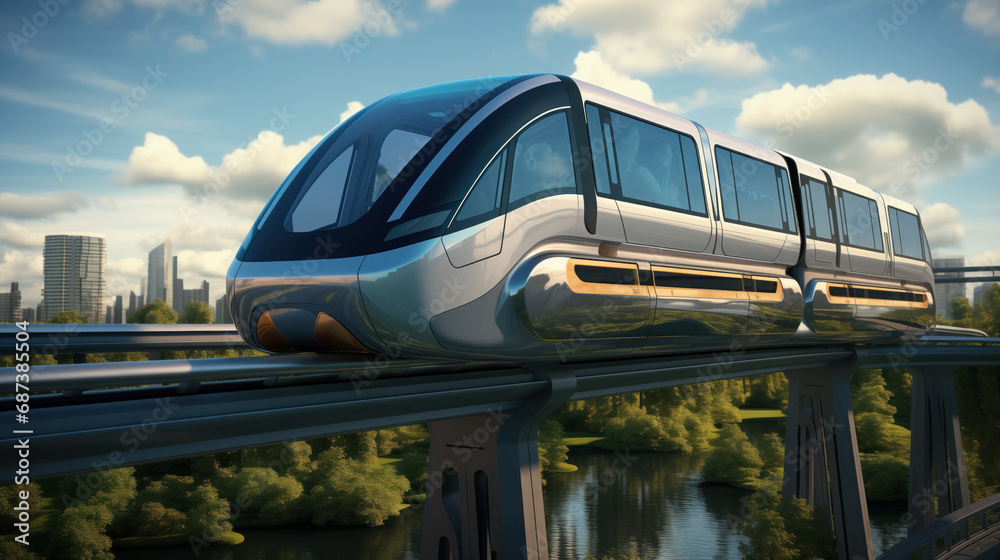 Futuristic train gliding over a river.