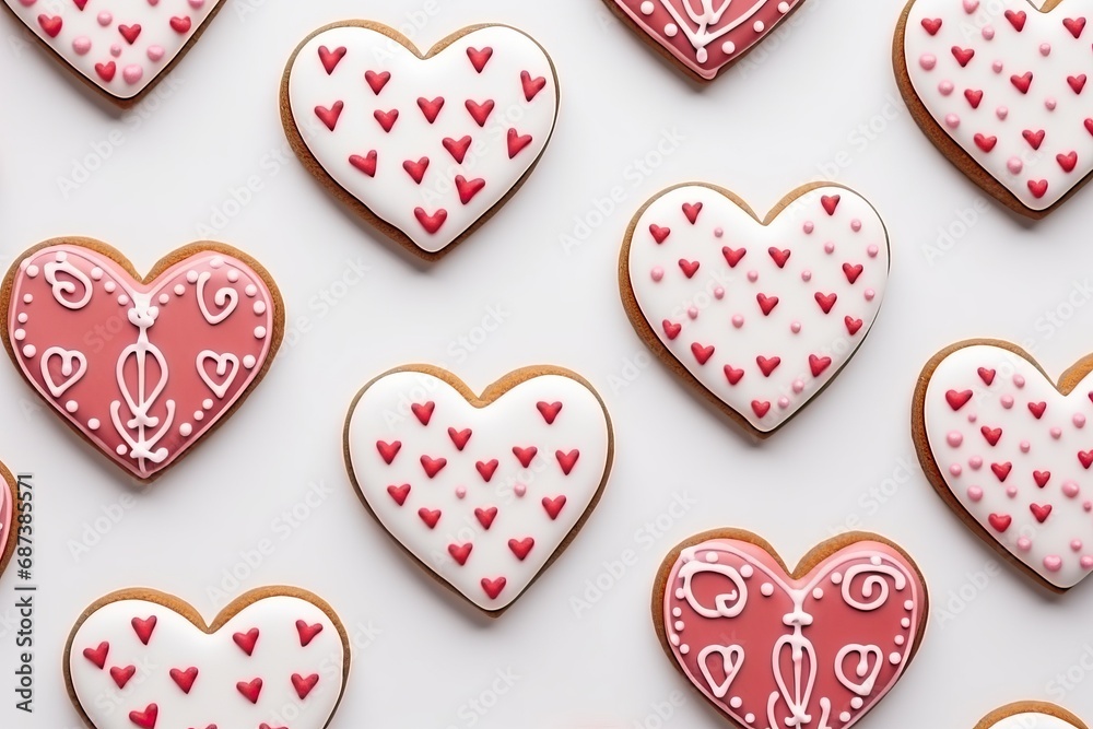 Fototapeta premium Valentine s Day pattern with heart shaped cookies with pink and white icing