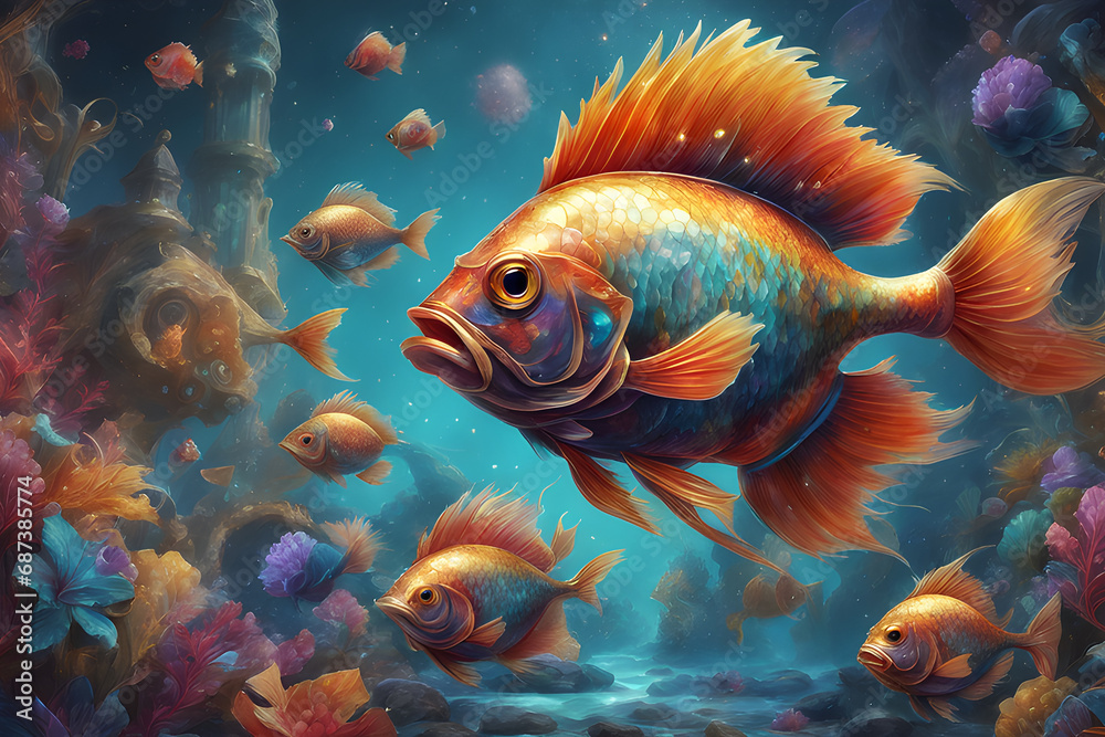 the artistic render of fish fantasy magic fairytale style intricate background appealing precious the artistic render of fish fantasy magic fairytale style intricate background appealing precious