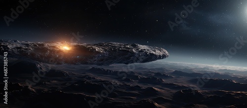 Interstellar 3D render of Oumuamua near Earth.