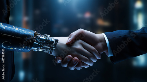 A close up look at handshake between Robot businessman and human businessman