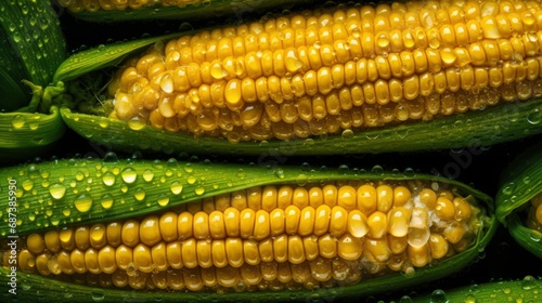 close up of corn with water droplets, fresh vegetable harvest season, yellow sweet corns for cook
