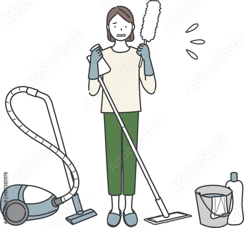 たくさんの掃除道具と困った顔の女性